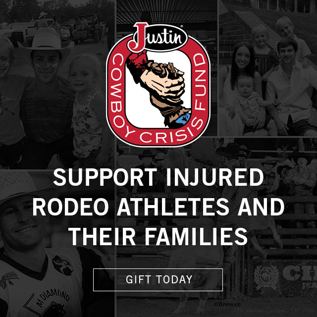 Support Injured rodeo athletes and their families. Gift today. Collage with rodeo athletes with Justin Cowboy Crisis Fund logo on top. Give your gift at justincowboycrisisfund.org.